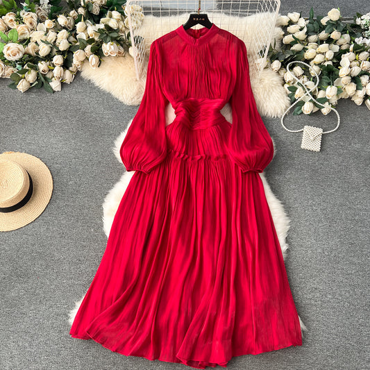 High-end dress 2025 new style stand-up collar pleated waist long puff sleeve dress R2143