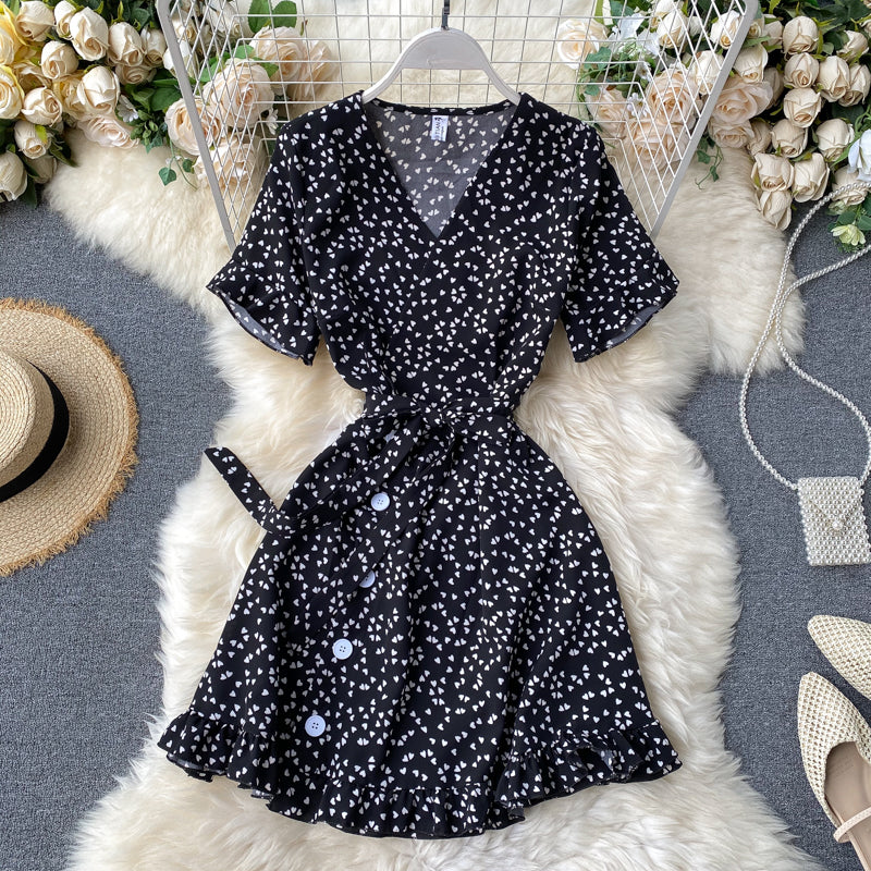 Dress 2025 new summer sweet love print trumpet sleeve tie waist short style R2166