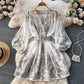 New French retro print single-breasted V-neck lantern sleeve waisted mid-length dress R2136
