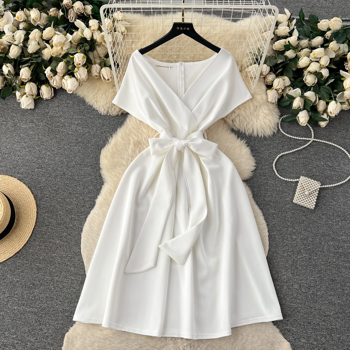High-end banquet party dress summer bow tie waist design niche chic dress R2163