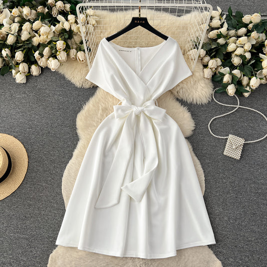 High-end banquet party dress summer bow tie waist design niche chic dress R2163