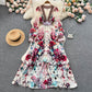 French court style temperament slim French chiffon mesh dress A-line printed long skirt R2149