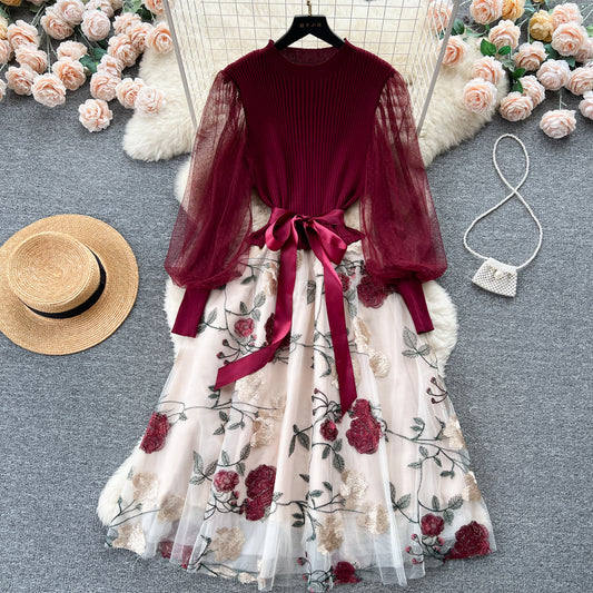 French knitted stitching embroidered mesh dress with tie waist temperament fairy dress R2160