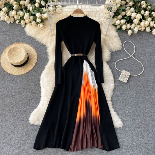 French Hepburn style elegant knitted gradient color pleated waist wide swing dress new R2156