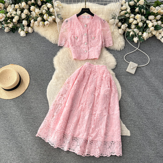 High-end suit French lace hook flower puff sleeve shirt two-piece high waist slim skirt R2137