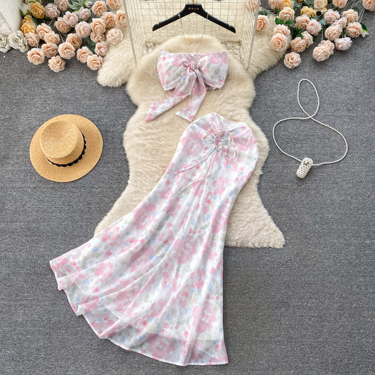 Vacation outfit sexy halter neck tube top hip fishtail skirt skirt floral two-piece suit R2152