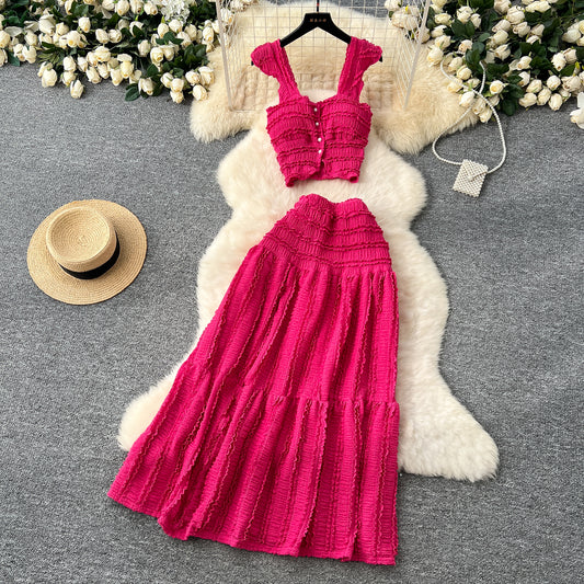 Gentle outfit holiday style short small flying sleeve suspender top high waist pleated skirt suit R2158