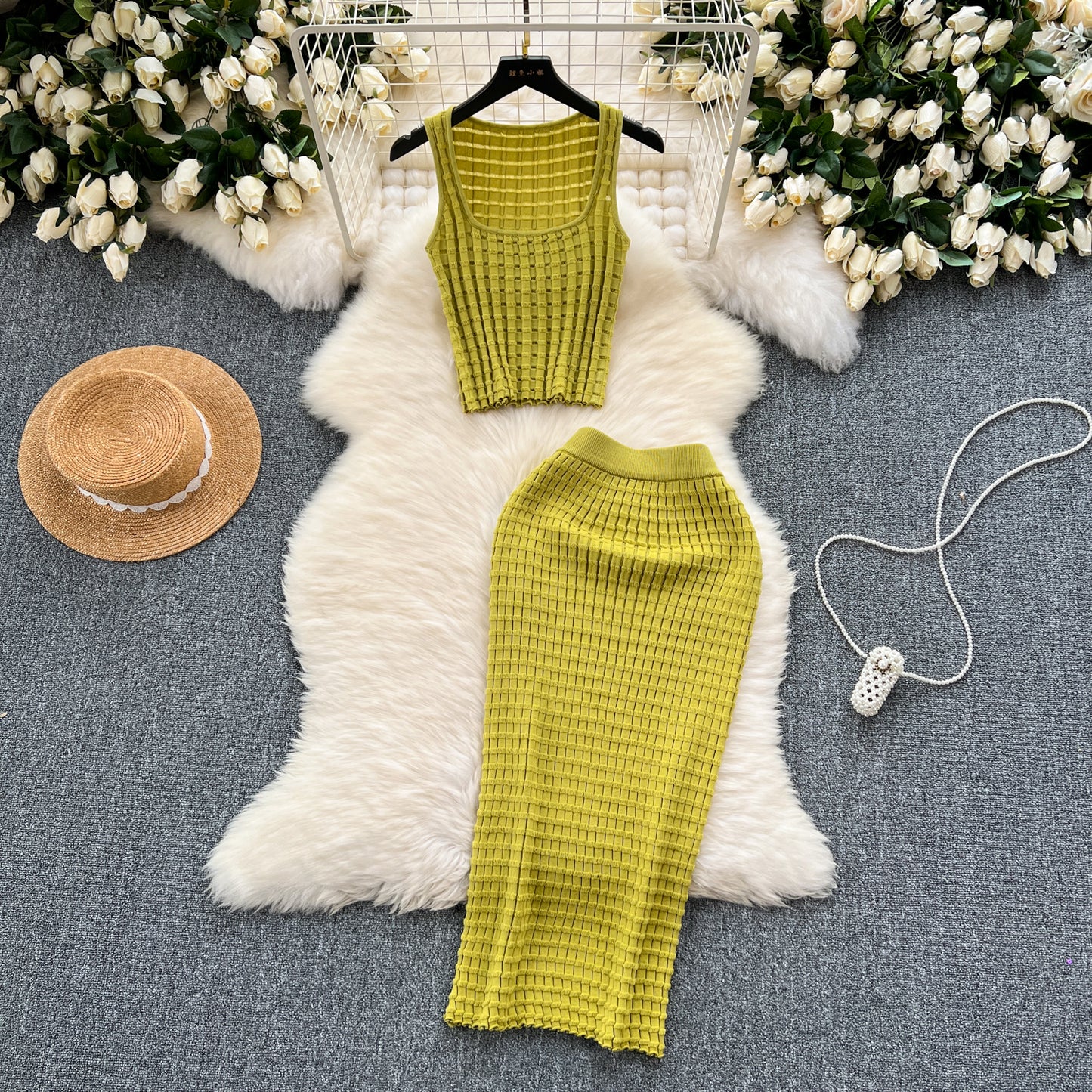 Retro hot girl style suit short vest top versatile high waist skirt knitted two-piece suit R2164