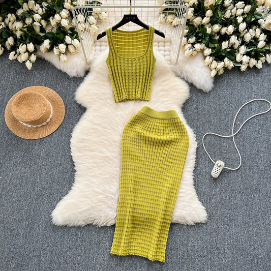Retro hot girl style suit short vest top versatile high waist skirt knitted two-piece suit R2164