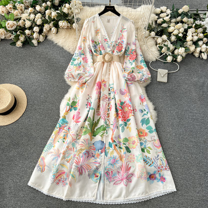 French dress sweet lace V-neck buttoned slim long design print dress R2141