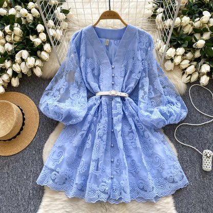 French court style V-neck lantern sleeves embroidered waist slimming A-line elegant dress R2146