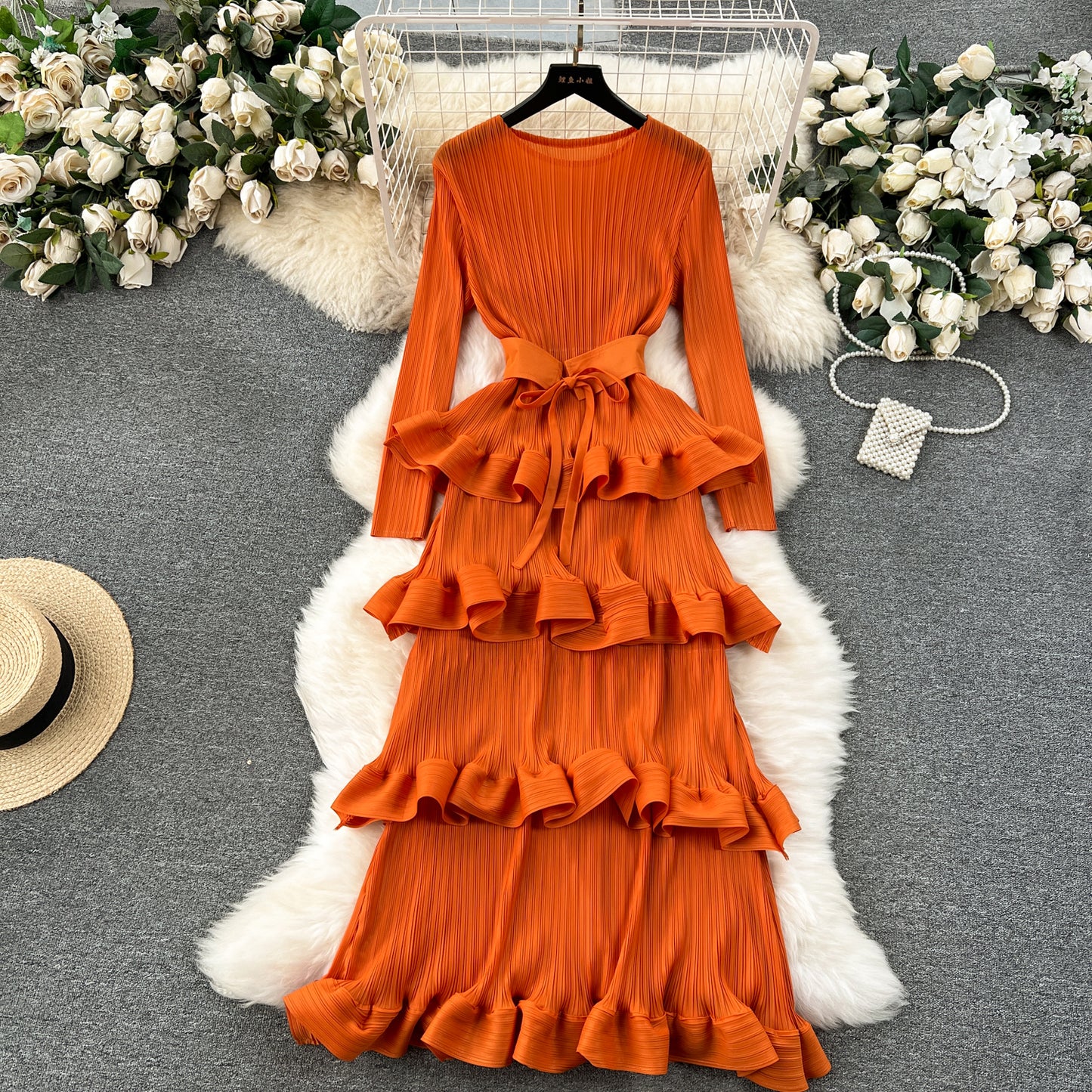 Banquet dress high-end niche ruffle cake skirt pleated slim long dress R2151