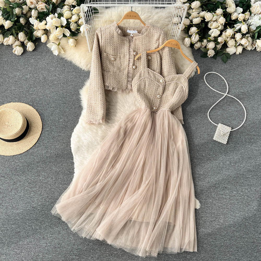 Chanel style high-end suit short cardigan jacket suspenders mesh dress two-piece suit R2145