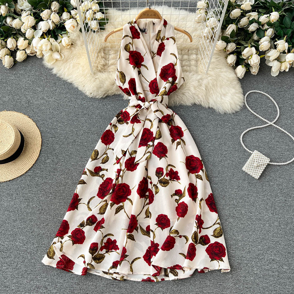 Retro printed dress 2025 new style temperament V-neck tie waist slim medium long dress R2139