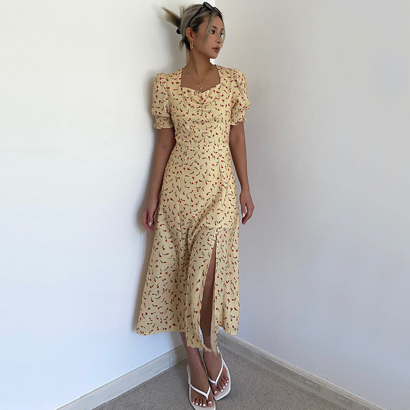 New French style sweet or salty square collar slit yellow floral dress women's summer long skirt R3091