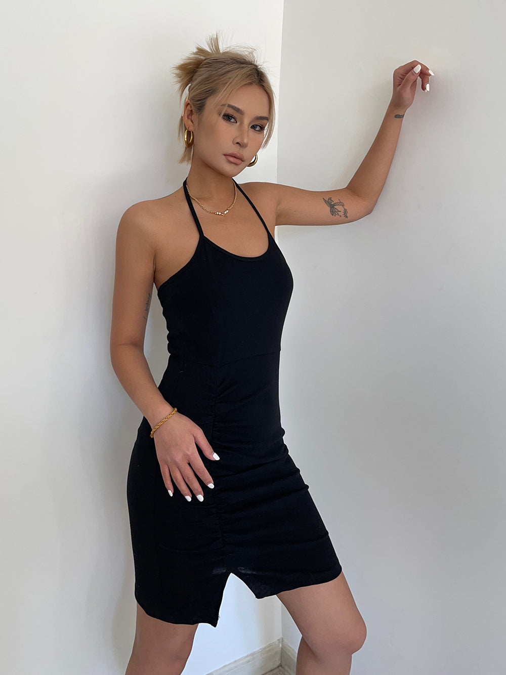 Hot girl style halter neck straps pleated slit slim suspender skirt holiday style hip skirt dress R3086