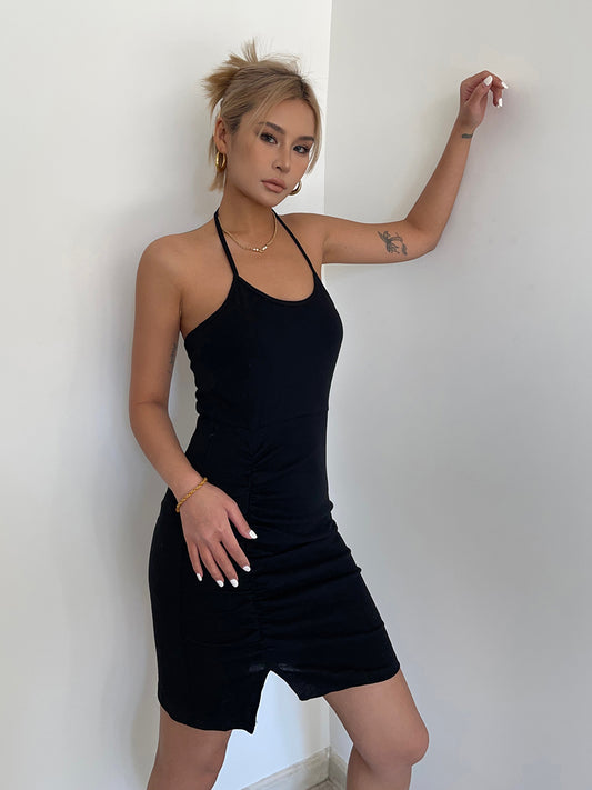 Hot girl style halter neck straps pleated slit slim suspender skirt holiday style hip skirt dress R3086