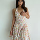 French pastoral style retro V-neck small floral print halter dress sexy backless puffy short skirt R3087