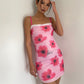 New style niche mesh flower print lace splicing suspender dress short skirt sexy pink R3088