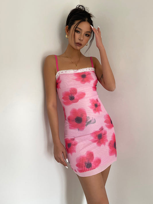 New style niche mesh flower print lace splicing suspender dress short skirt sexy pink R3088