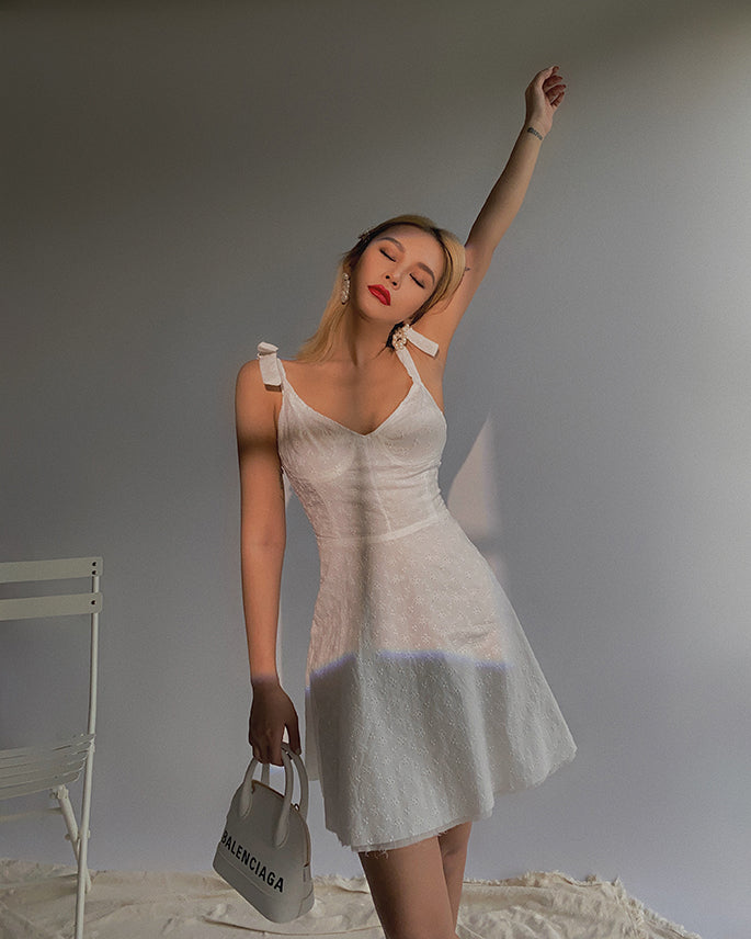 White embroidered double-layer suspender skirt French retro summer dress waist slimming skirt R3080