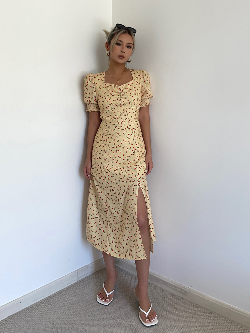 New French style sweet or salty square collar slit yellow floral dress women's summer long skirt R3091