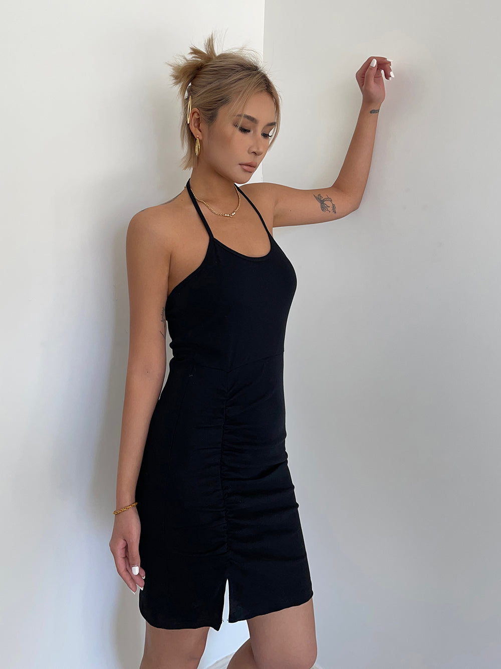 Hot girl style halter neck straps pleated slit slim suspender skirt holiday style hip skirt dress R3086