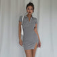 Sexy waist polo neck side slit short sleeve dress S curve hip skirt slim R3093