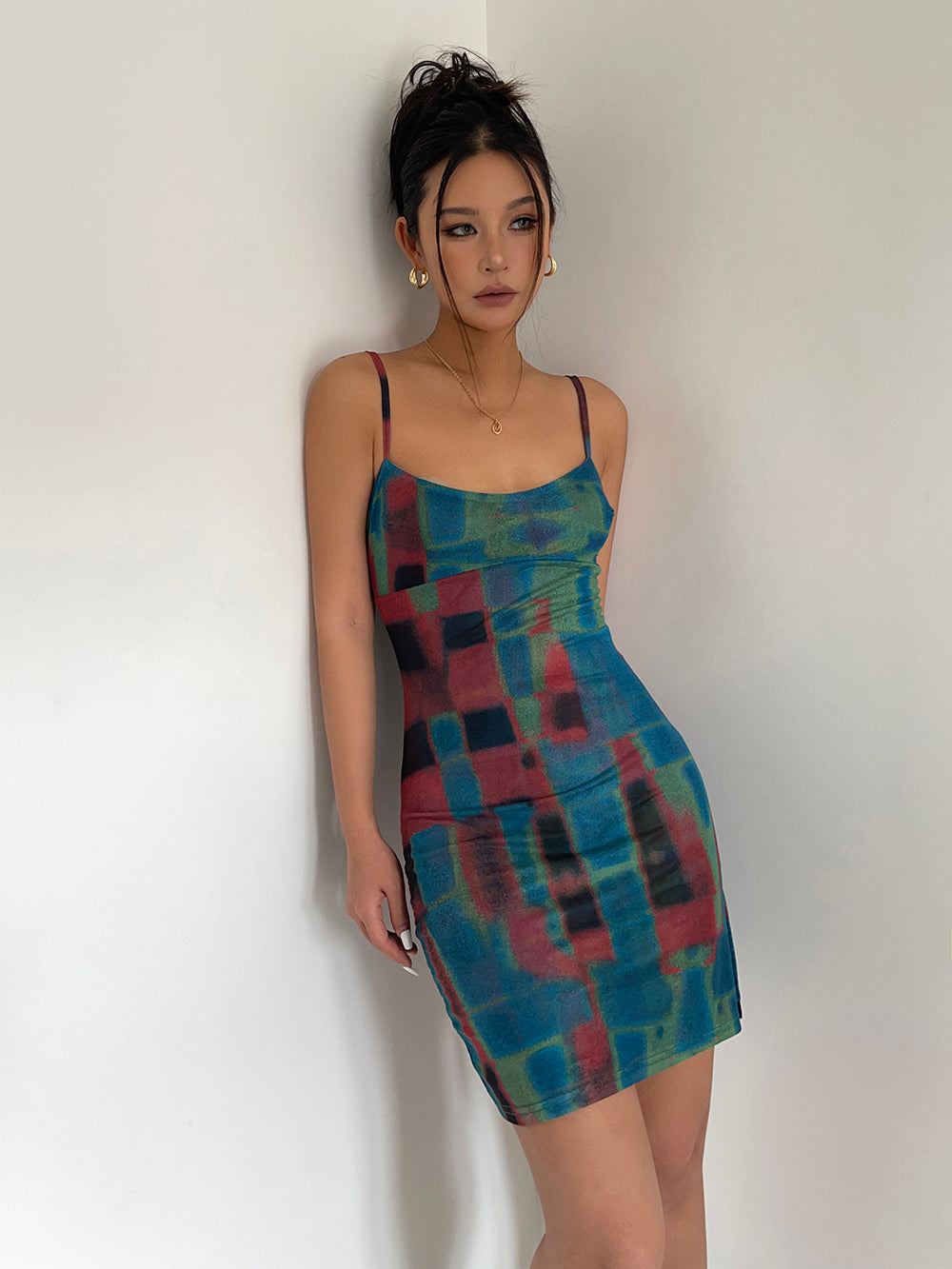 Pure desire tie-dyed double-layer mesh print slim-fitting suspender dress with hip skirt R3071