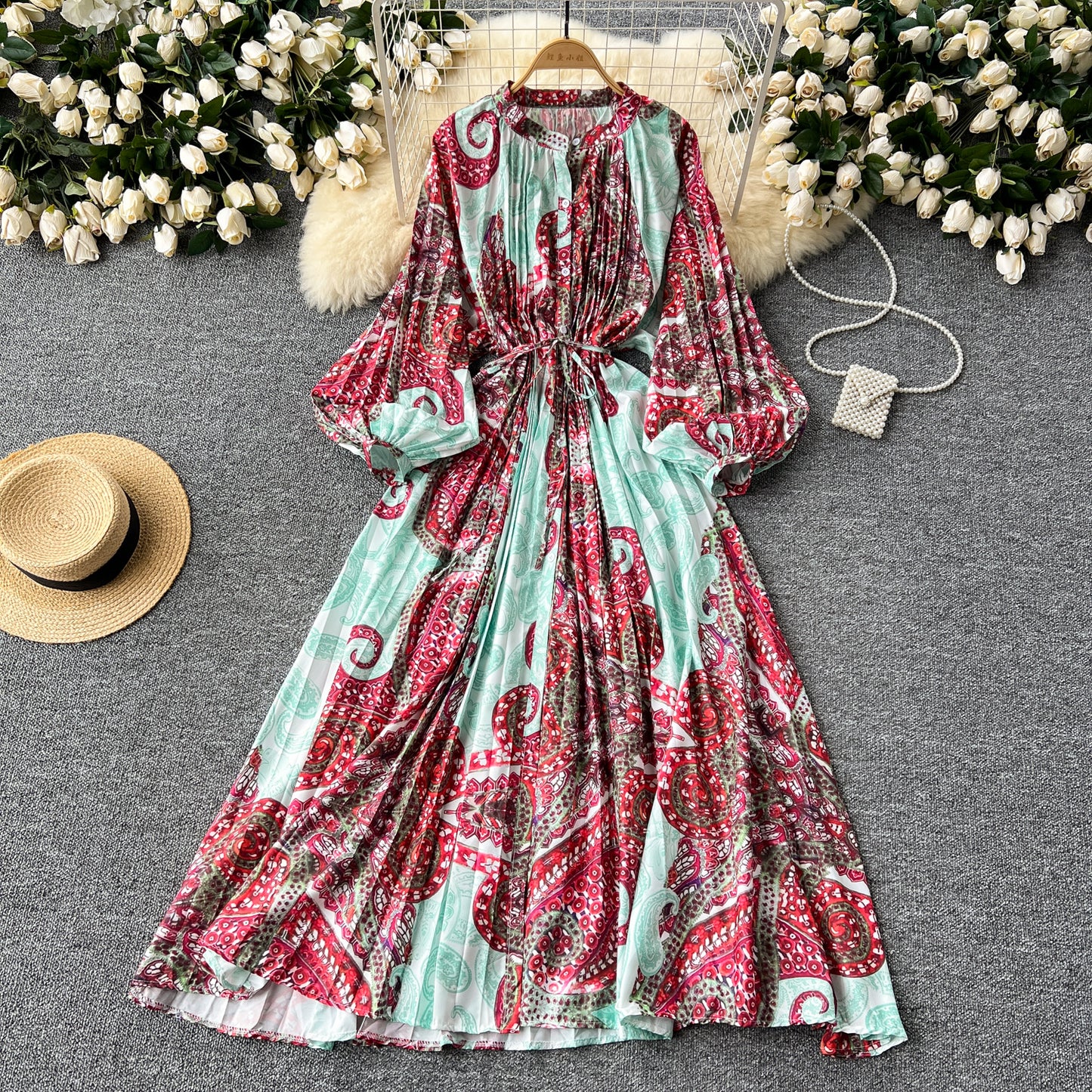 European and American style pleated printed dress lantern long sleeve waist slim long skirt R2322