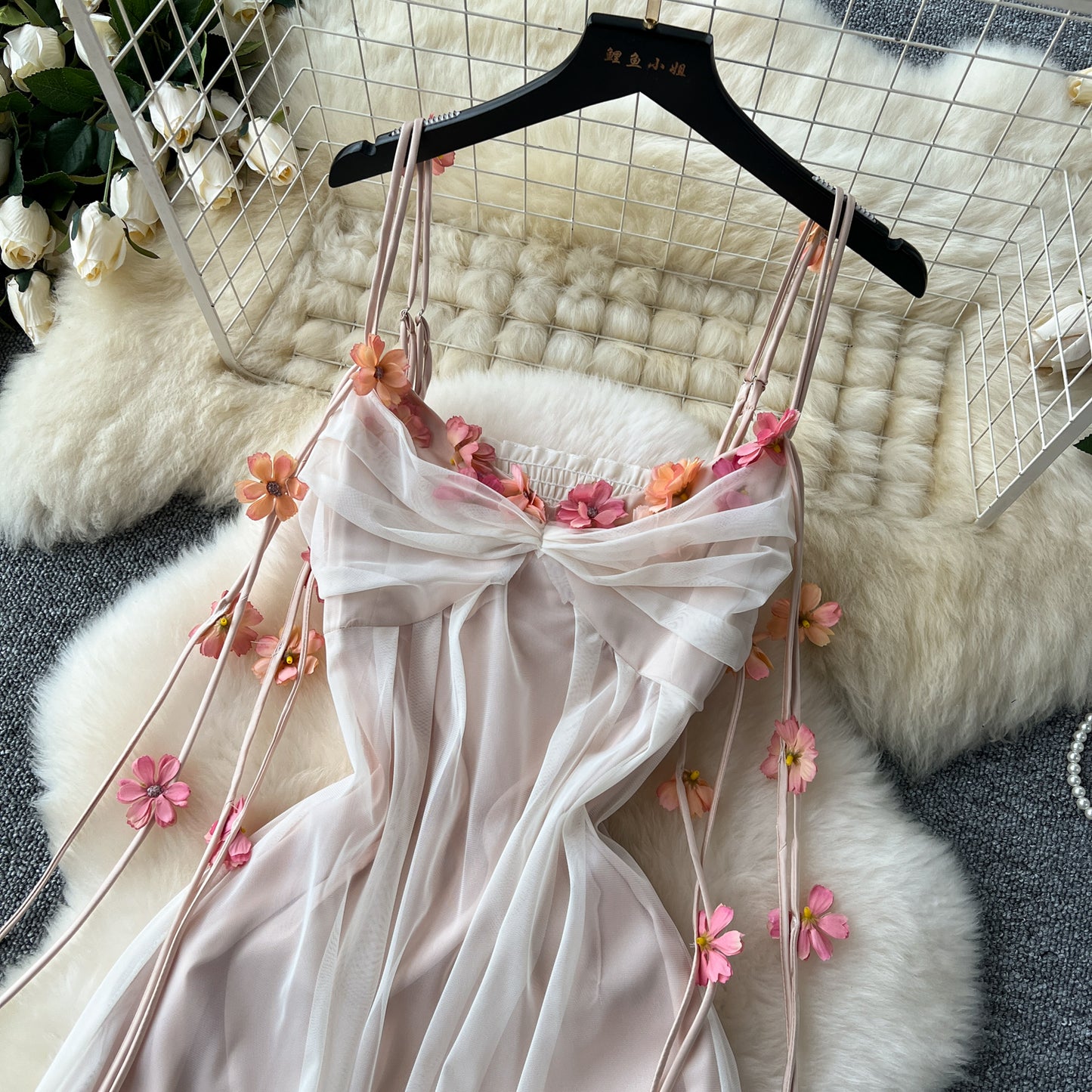 Holiday dress three-dimensional flower mesh high waist slim long skirt suspender skirt R2342