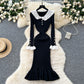French retro contrast color doll collar waist knitted dress elastic slim fit skinny ruffled long skirt R2344