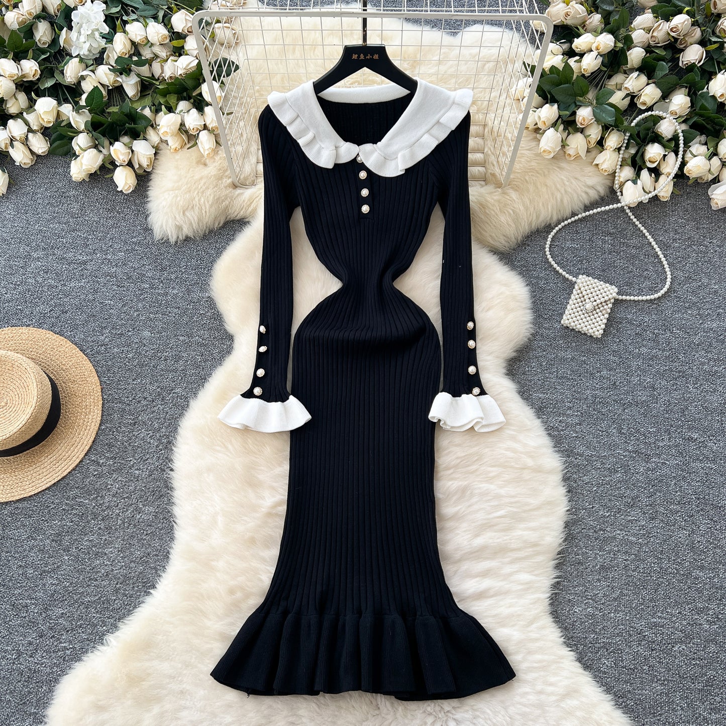 French retro contrast color doll collar waist knitted dress elastic slim fit skinny ruffled long skirt R2344
