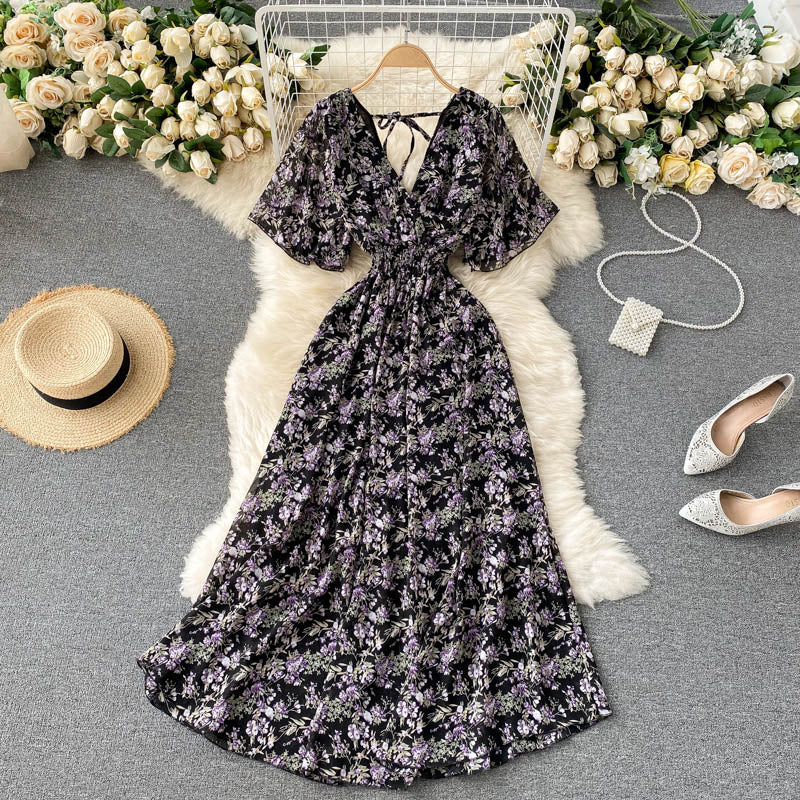 Seaside holiday dress 2025 new sexy V-neck waist slim long chiffon floral beach dress R2262