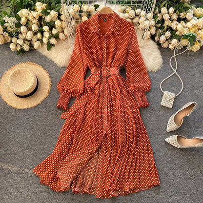 French dress 2025 new women's POLO collar slim fit long polka dot chiffon pleated skirt R2310