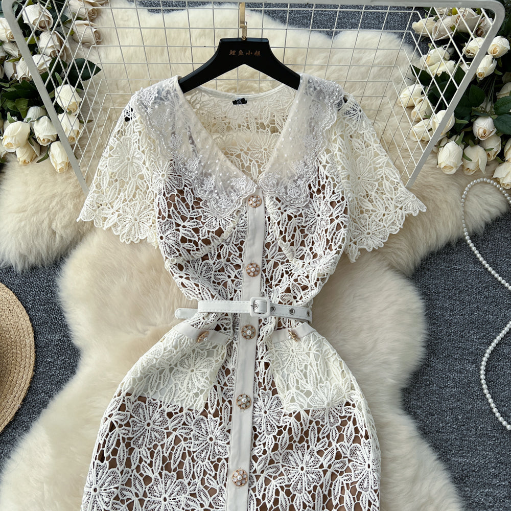 Chanel style dress with short sleeves, short-sleeved, single-breasted lace crochet long skirt R2300