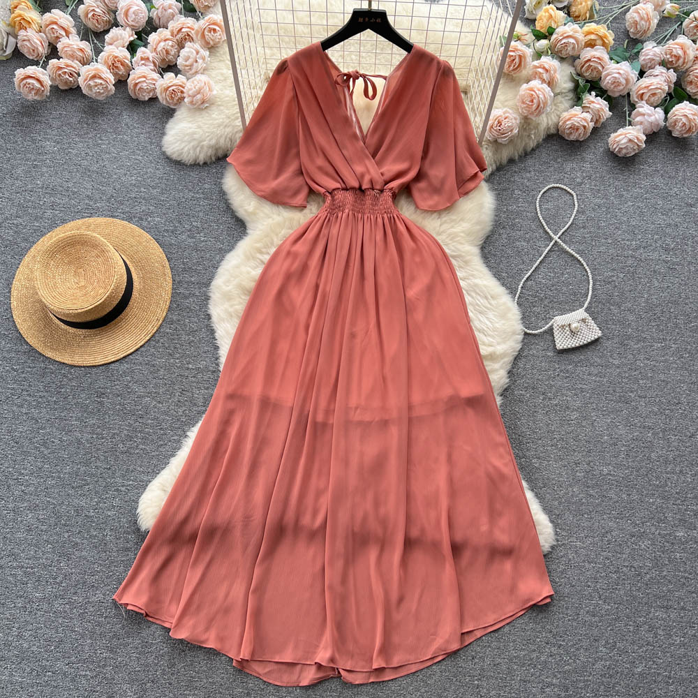 Chiffon dress 2025 new style temperament V-neck elastic waist slim long holiday beach dress R2280