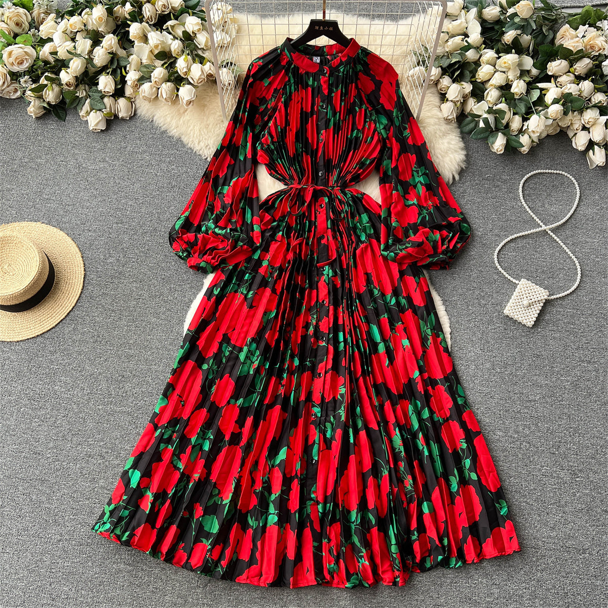 High-end temperament round neck lantern long sleeve waist slimming printed pleated dress R2302