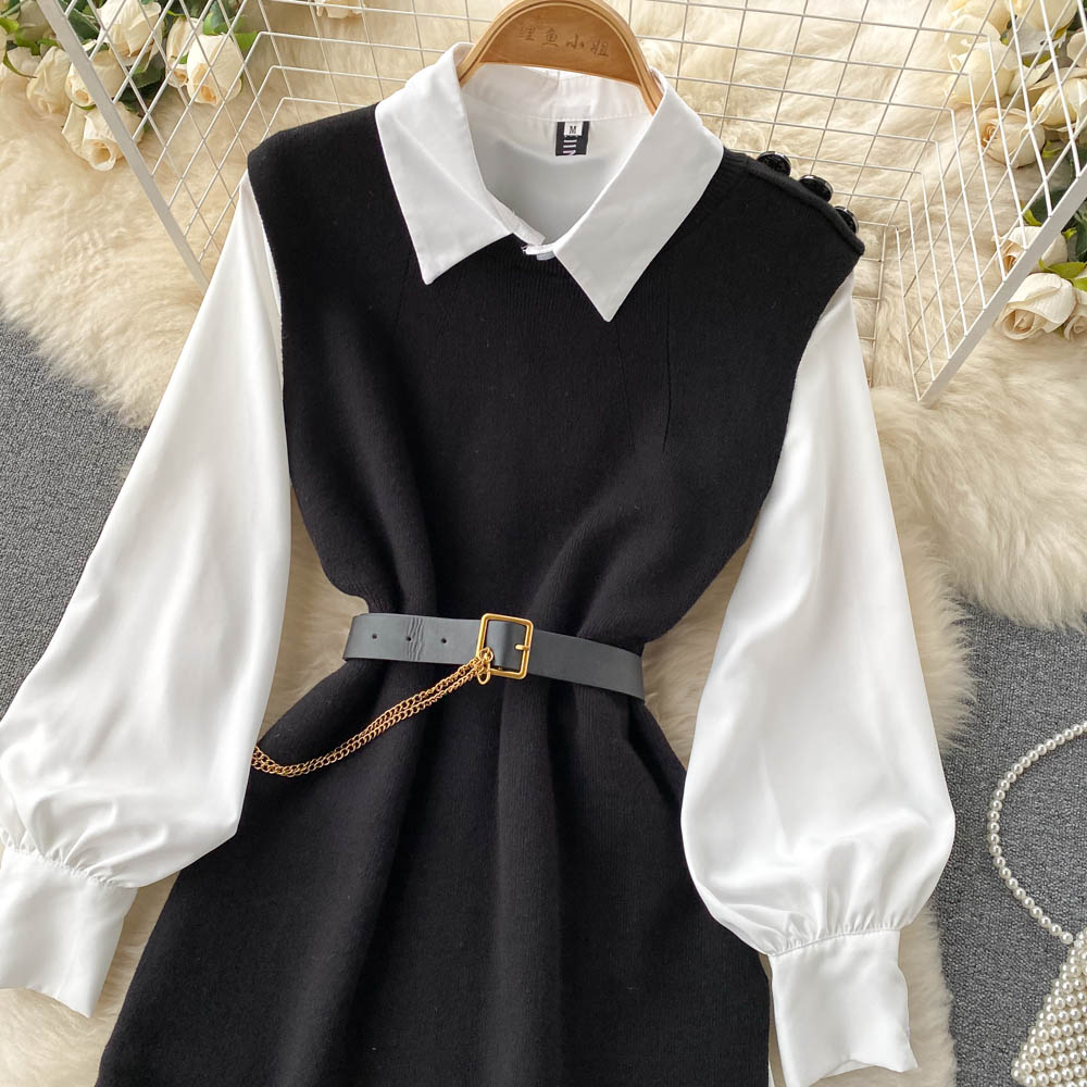 French style small white shirt dress knitted vest vest dress layered waist two-piece suit R2332