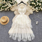 High-grade lace suspenders waist mesh puffy dress French style slim holiday long dress R2349