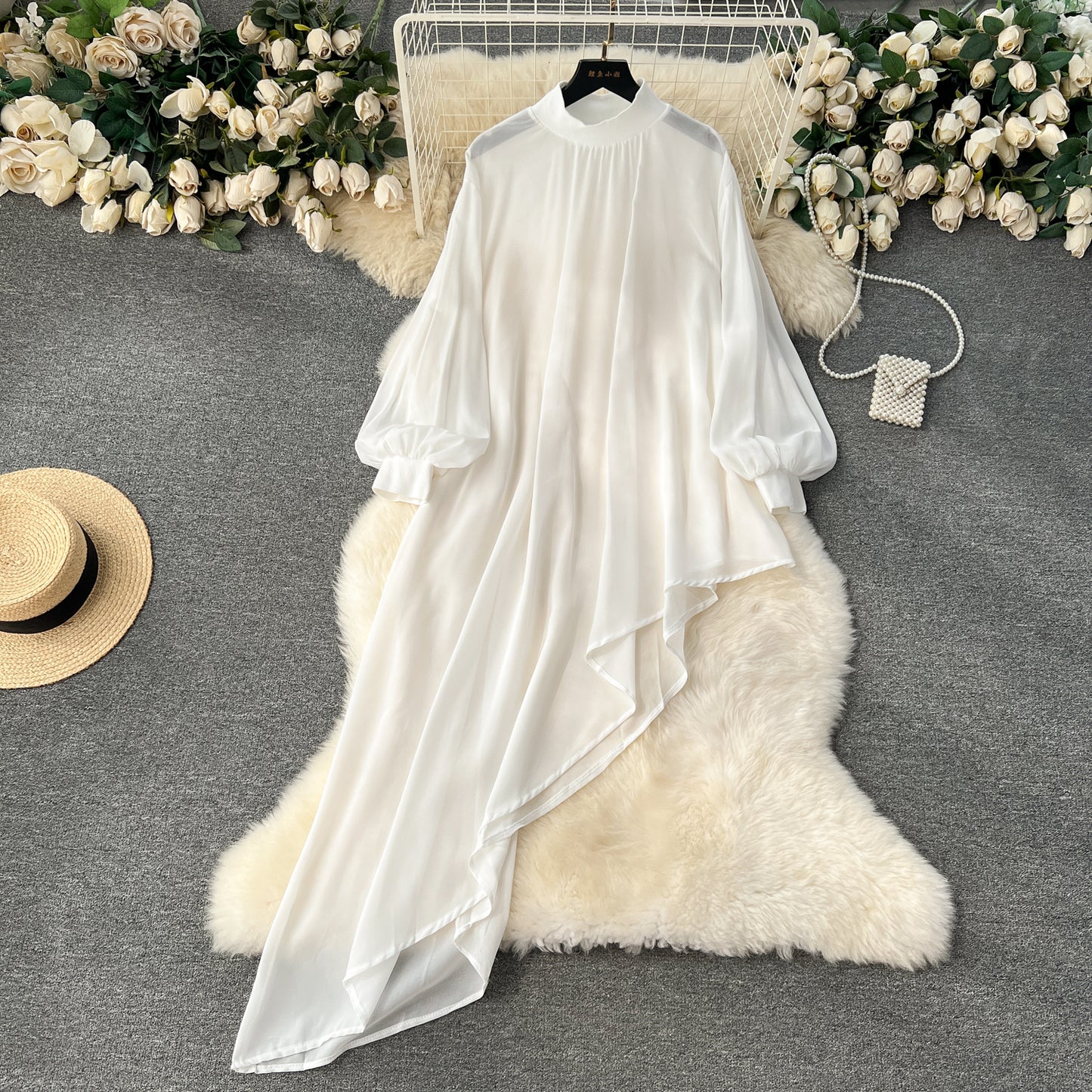 European and American large size chiffon design irregular mid-length puff sleeve dress R2326