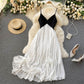 Holiday dress temperament V-neck contrast color stitching pleated big swing beach dress R2294