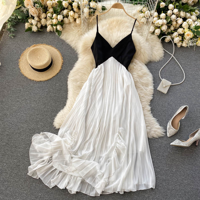 Holiday dress temperament V-neck contrast color stitching pleated big swing beach dress R2294