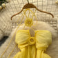 Holiday dress hollow chest-revealing halter neck suspender three-dimensional flower long dress R2336