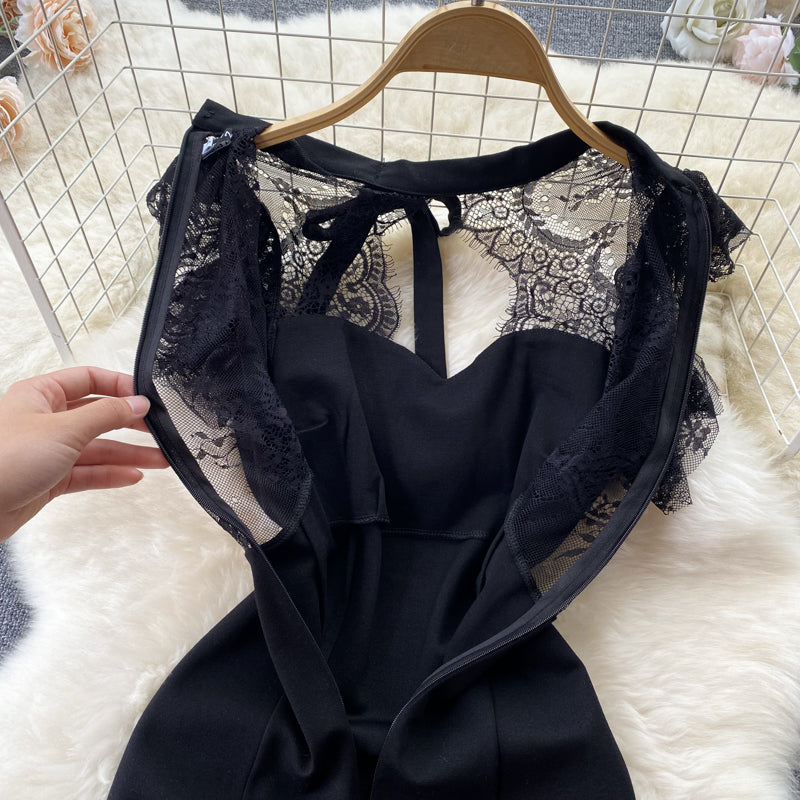 French retro lace patchwork dress hollow stand collar sleeveless high waist slim sexy hip skirt R2325