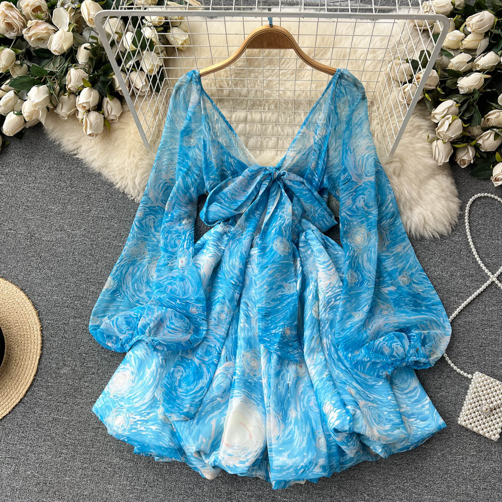 Sweet hot girl lantern sleeve waist backless puffy floral dress princess petite short skirt R2327