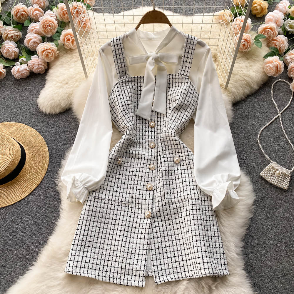 Temperament bow tie long-sleeved white shirt two-piece suit plaid suspender dress R2340