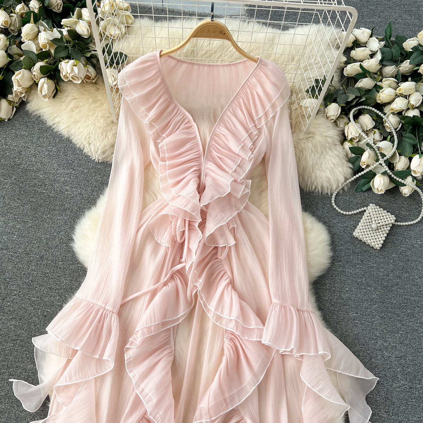 French holiday style cape cardigan coat ruffle trim slim fit long trumpet sleeve chiffon shirt R2295