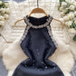 Small dress high-end niche beaded tassel slim short heavy diamond-studded halter dress R2338