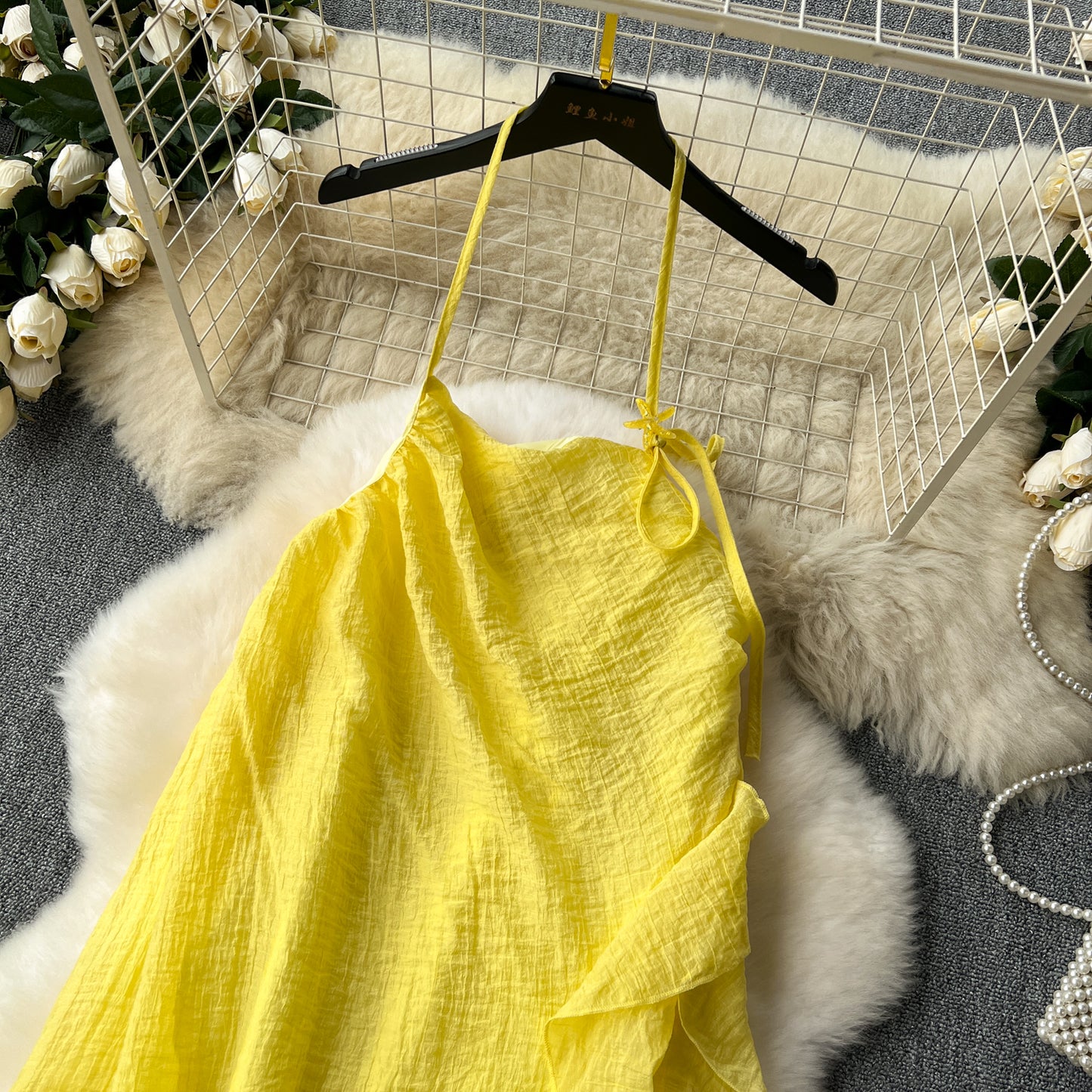Yellow holiday style dress ruffle stitching halter neck suspender dress French long skirt R2286